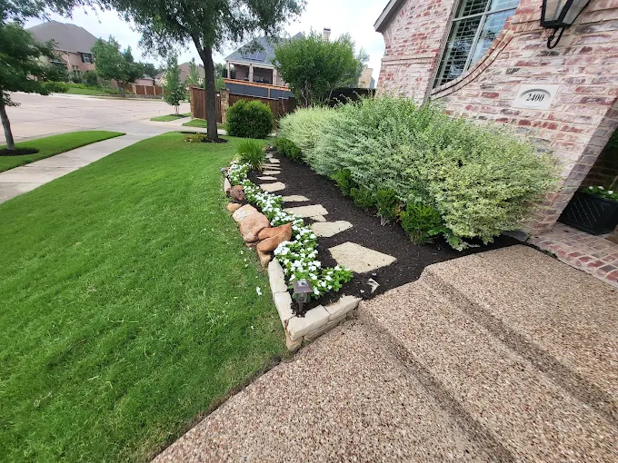 Front yard with stone pathway landscaping